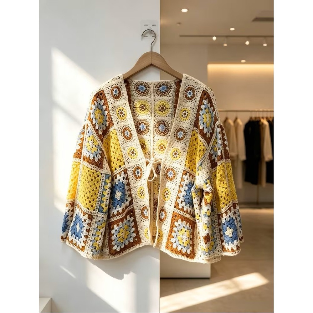 Unbranded Crochet Patchwork Granny Square Cardigan Boho NEW O/S Yellow Brown